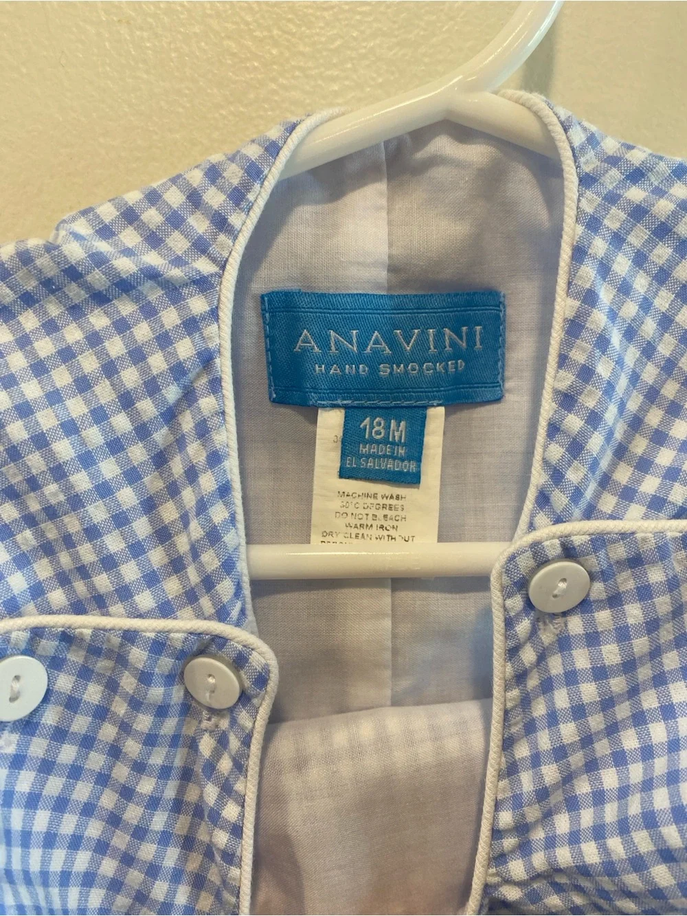 Anavini hand smocked boys Jon Jon shortall romper size 18 months blue gingham